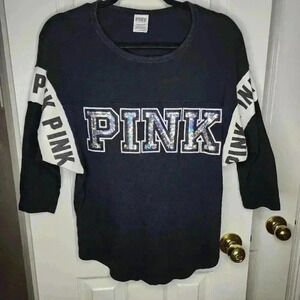 VS PINK Sequin Iridescent Sparkly Bling 3/4 Sleeve Cotton Boyfriend Jersey XS